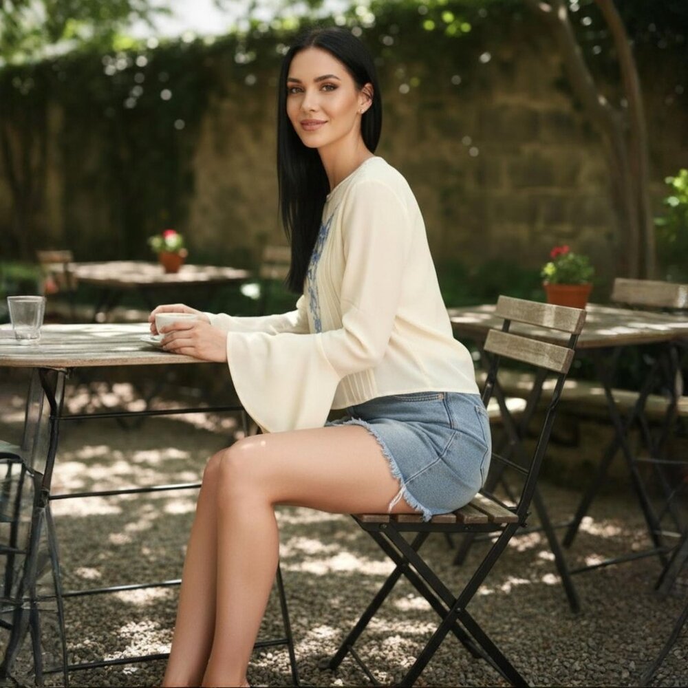 LULU’S ✦ Cream Embroidered Bell Sleeve Blouse ✦ Blue Detail Rayon Top S - Picture 4 of 12